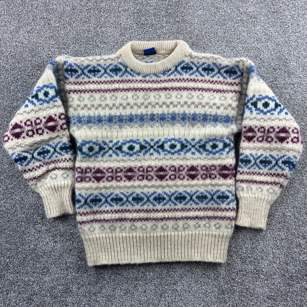 Vintage Woodward Sweater Mens XS Cream Blue Fair Isle Knit Wool Blend SHRUNK